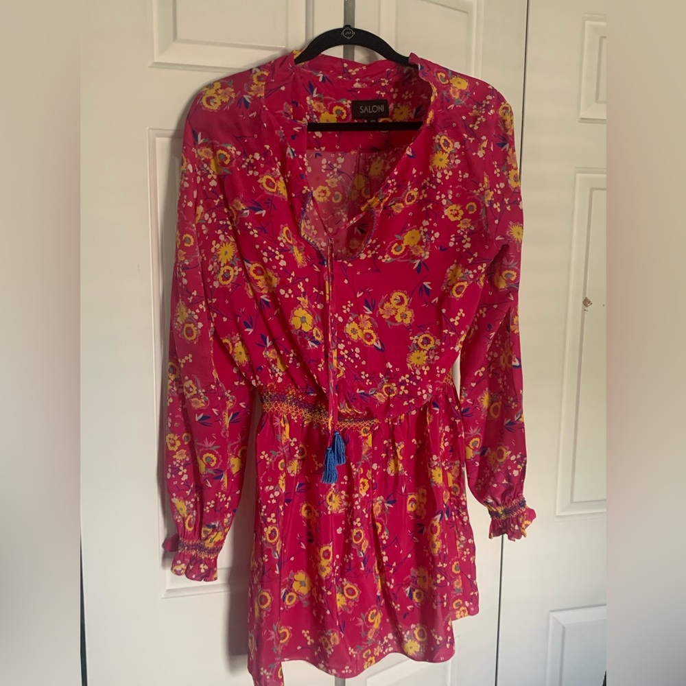 SALONI Hot Pink Floral V-Neck Blouse with Yellow & Blue Accents